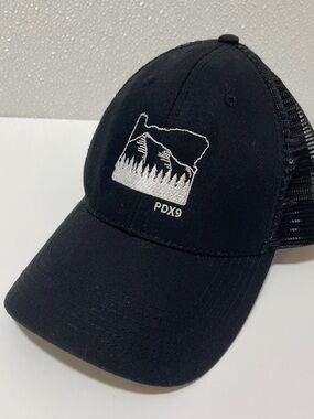 Black Trucker Hat with Mountain & Tree Embroidery